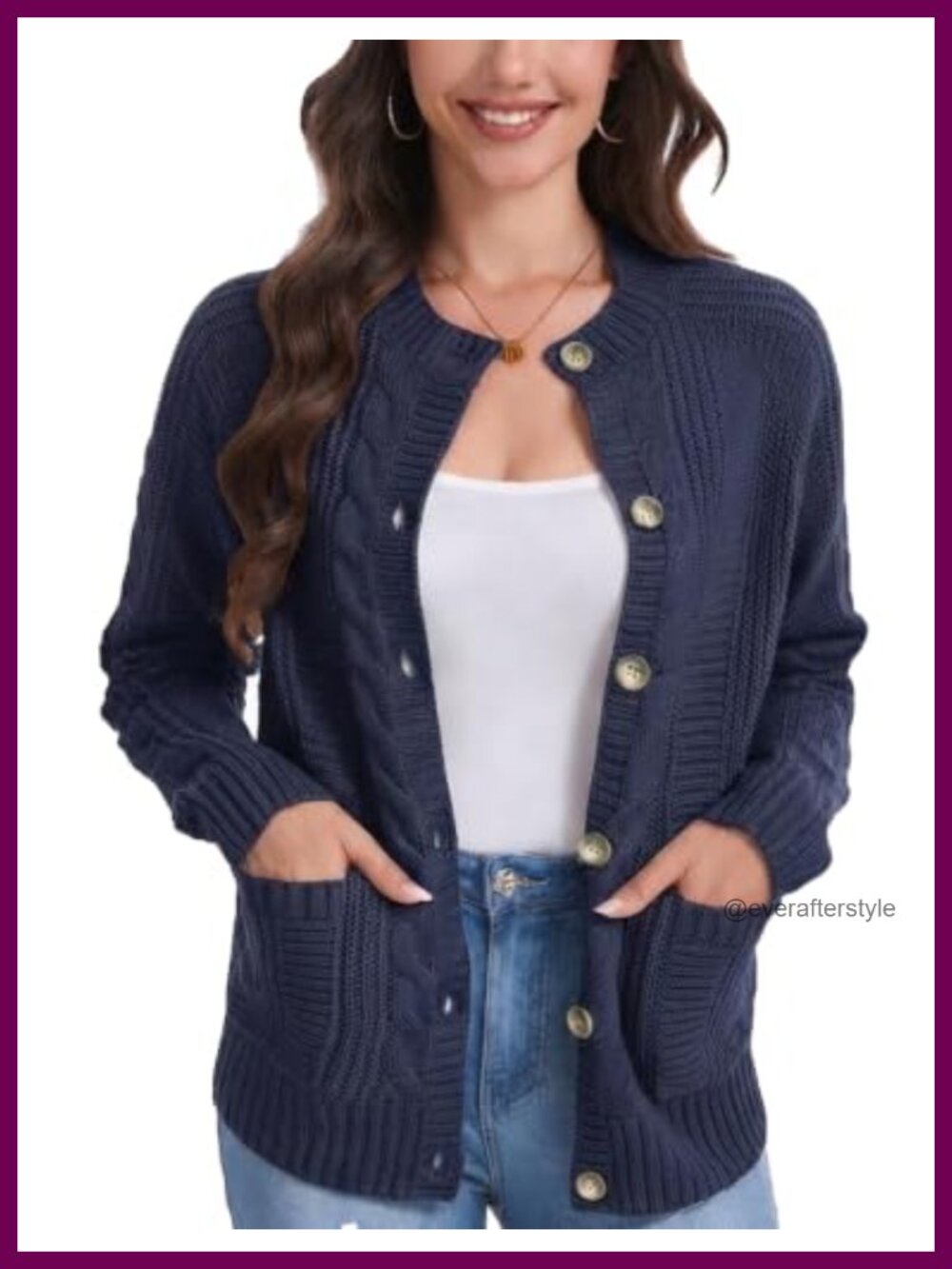 Cable Knit Button Down Cardigan Sweater with Pockets Crew Neck